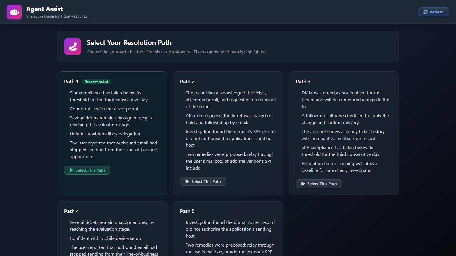 Agent Assist showing generated resolution paths, with Path 1 marked Recommended and a Select This Path button under each path