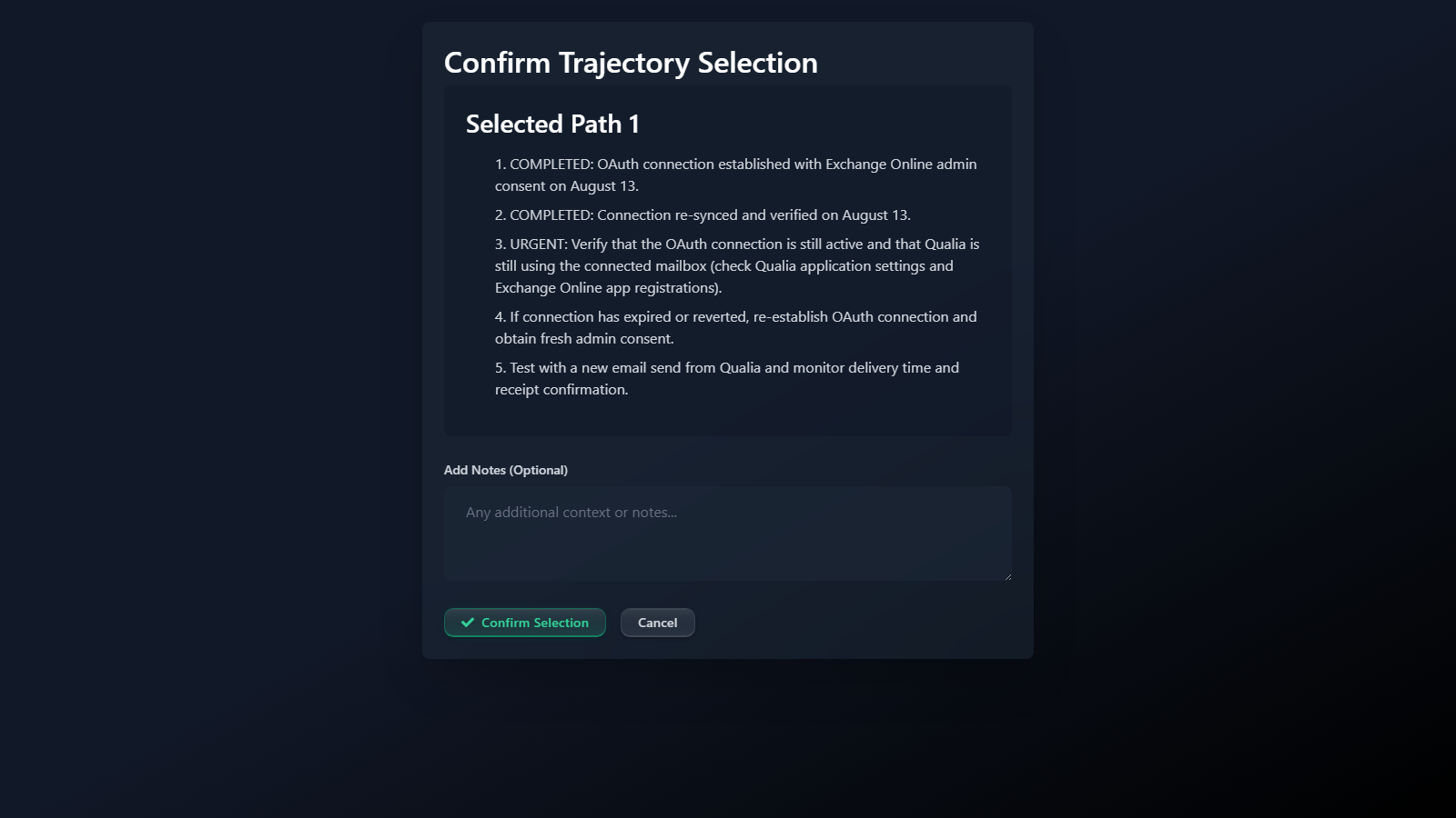 The Confirm Trajectory Selection page: the numbered steps of the selected path, an optional notes box, and the Confirm Selection and Cancel buttons