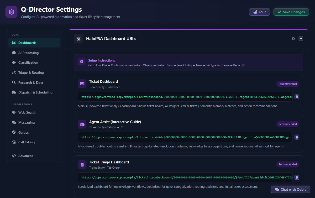 Q-Director Settings with the Core and Integrations tab groups on the left and the HaloPSA Dashboard URLs section open