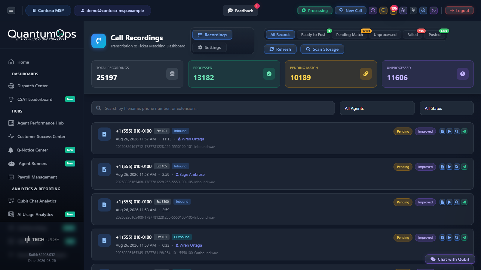 The Call Recordings screen with the view tabs, the four counters, the search box and filters, and a list of recordings with their status badges