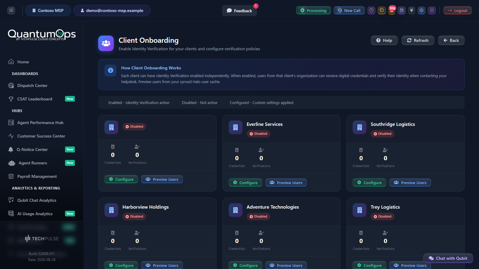 Client Onboarding with one card for each client, showing its status and counts