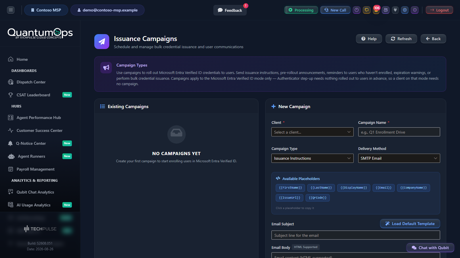 Issuance Campaigns with the list of campaigns on the left and the campaign editor on the right